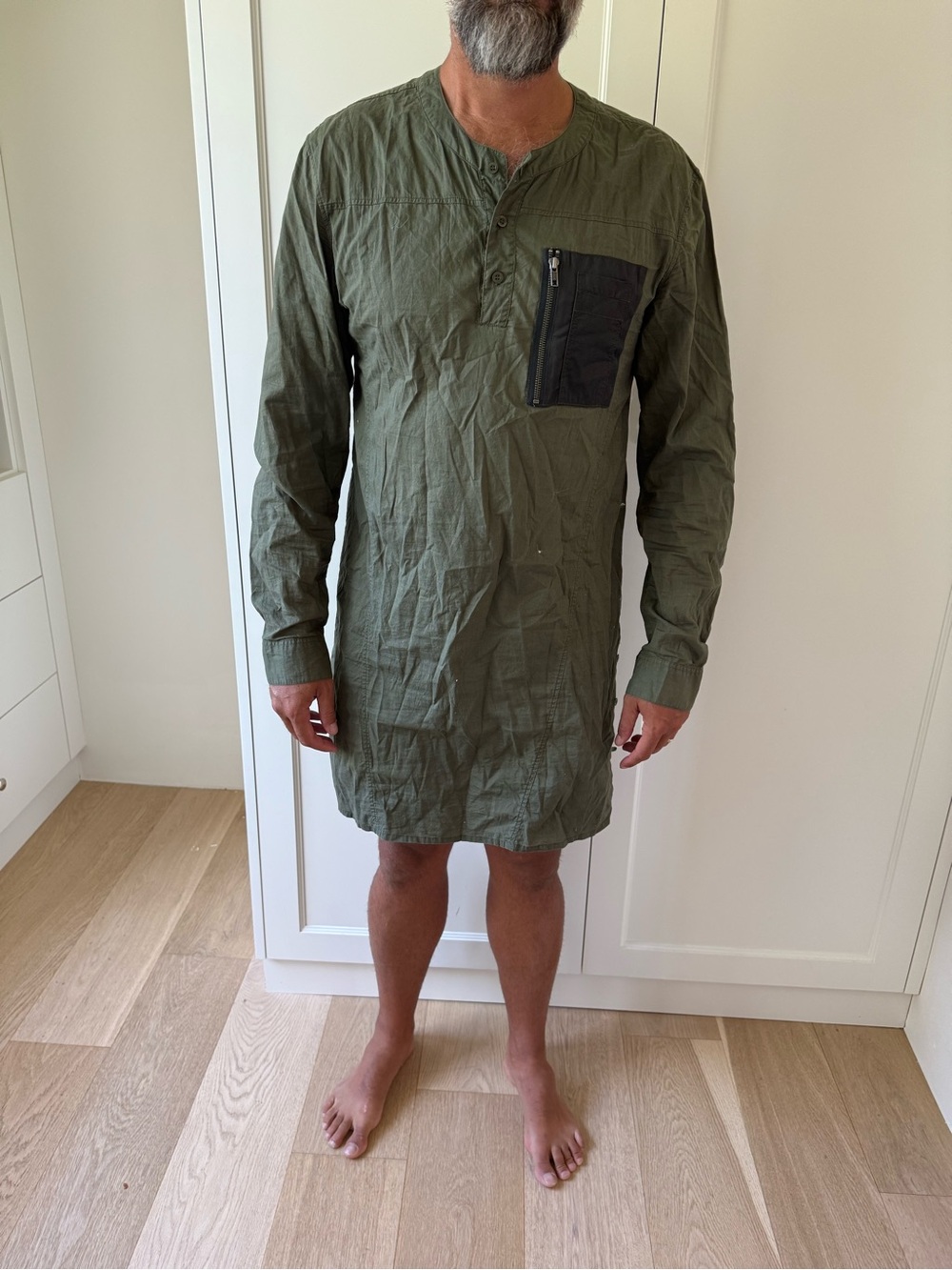 Skingraft Olive Green Long Casual Button-Down Shirt with Black Zip Pocket